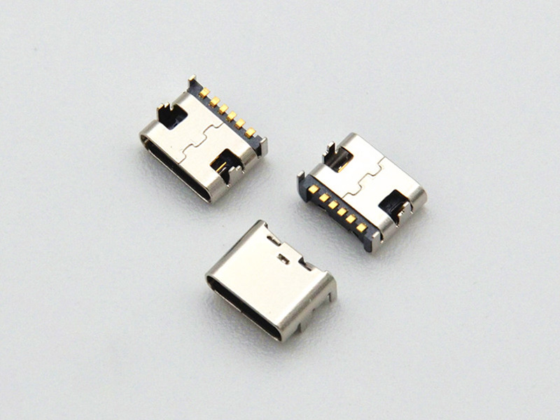 Type-C 16-pin female socket, board-mounted with four-legged insert, 6.8mm length, 1.63mm pitch, and featuring a center clip